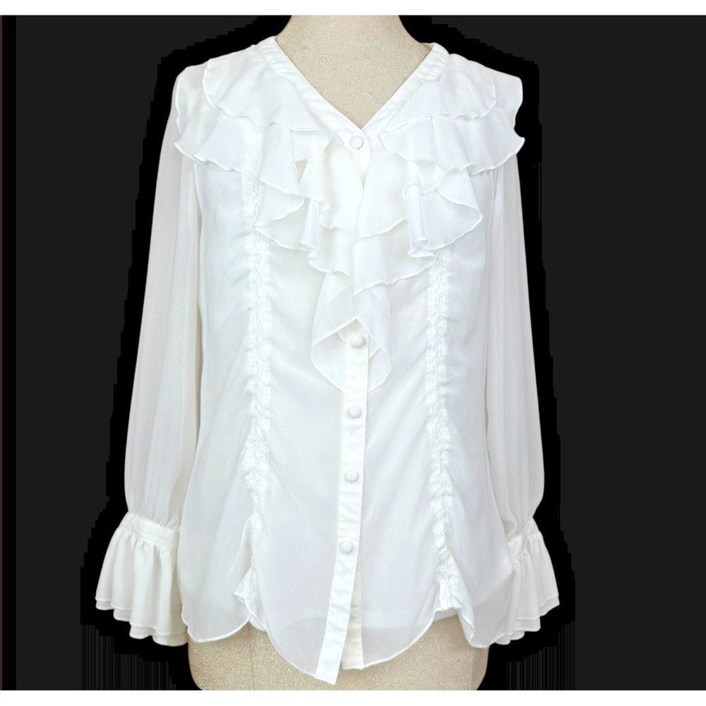 Victorian Romantic Cottage Blouse Womens M White Ruffle Sheer‎ Chiffon Top Boho
